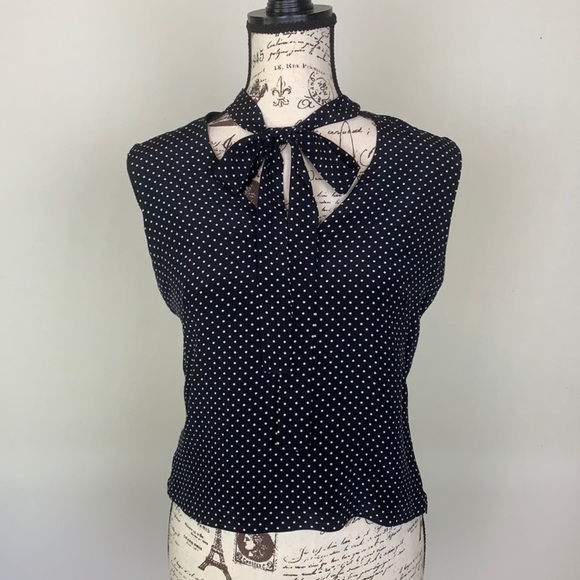 Akris Tops - Akris silk tie neck navy polkadot sleeveless blouse